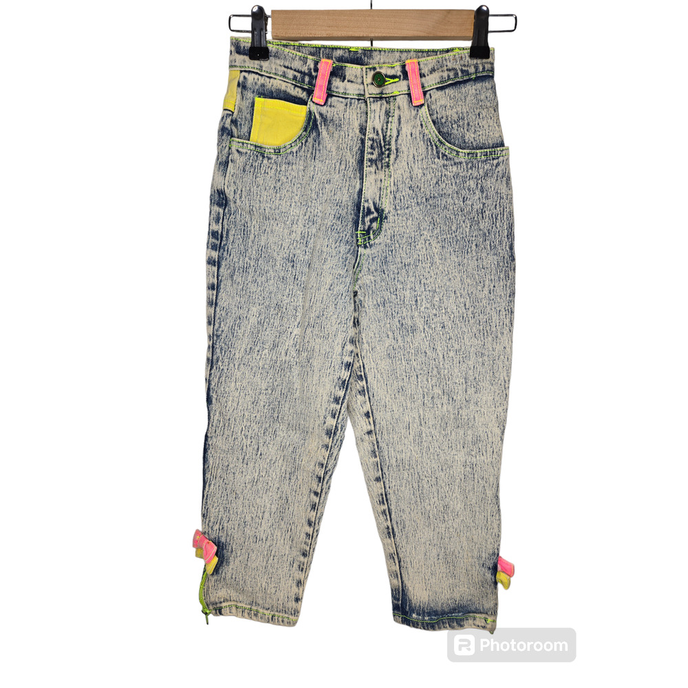Deadstock  1980's stonewash Kids Capri Jeans Seruchi  color block bows Size 5/6